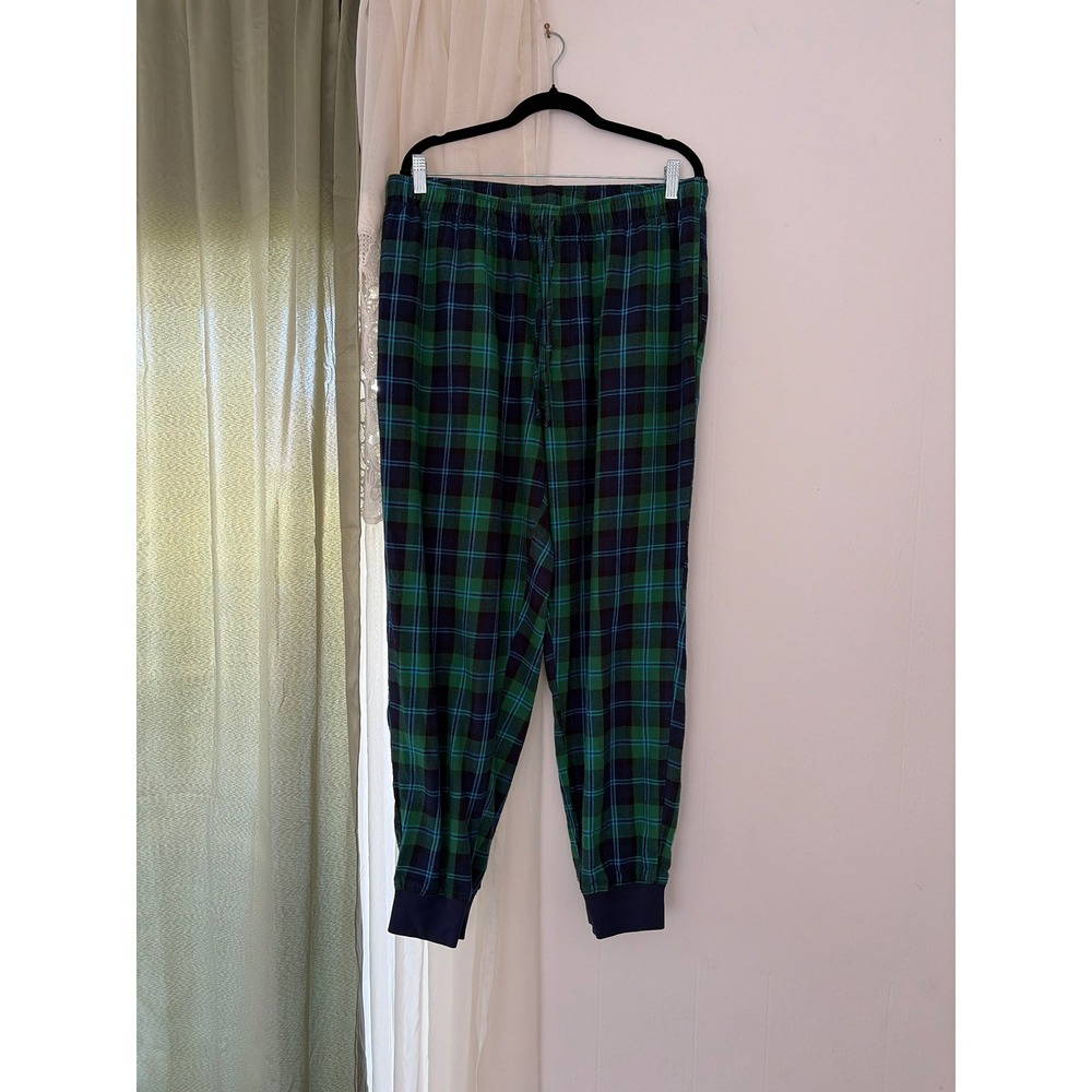Lands End Pajama Joggers Mens L 36-38 Green Plaid Excellent Cotton Flannel Sleep